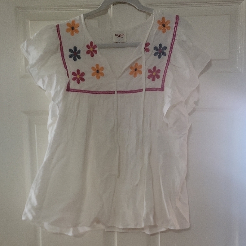Embroidered White Peasant Blouse with Multicolor Floral Accents